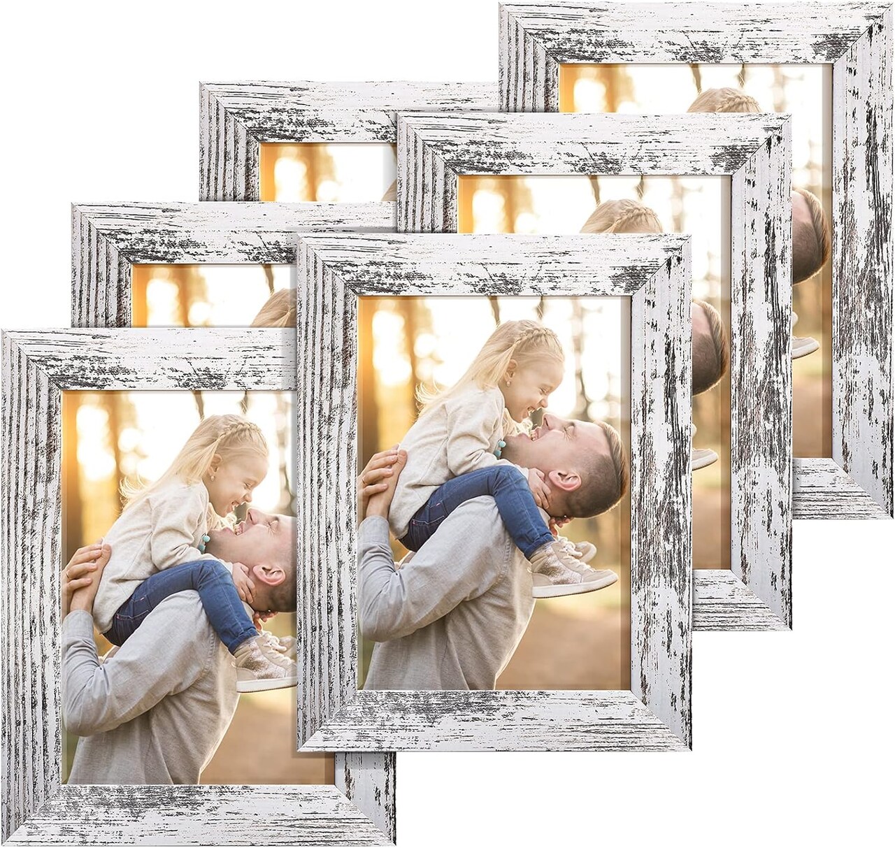 Rustic Picture Frames 5x7 Set of 6, Distressed White Composite Wood Farmhouse Photo Collage Frame For Wall Decor Mounting or Table Display